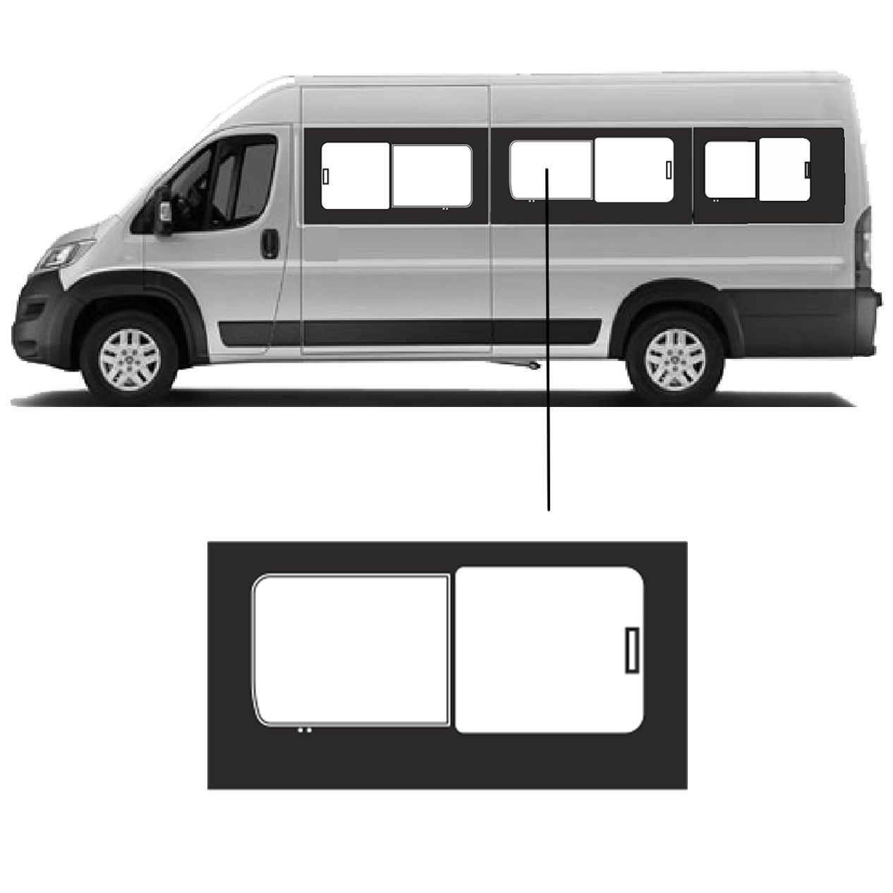 Schuifruit Fiat Ducato L3 en L4 Linkerzijde Midden Schuifruit Fiat Ducato L3 en L4 Linkerzijde Midden
