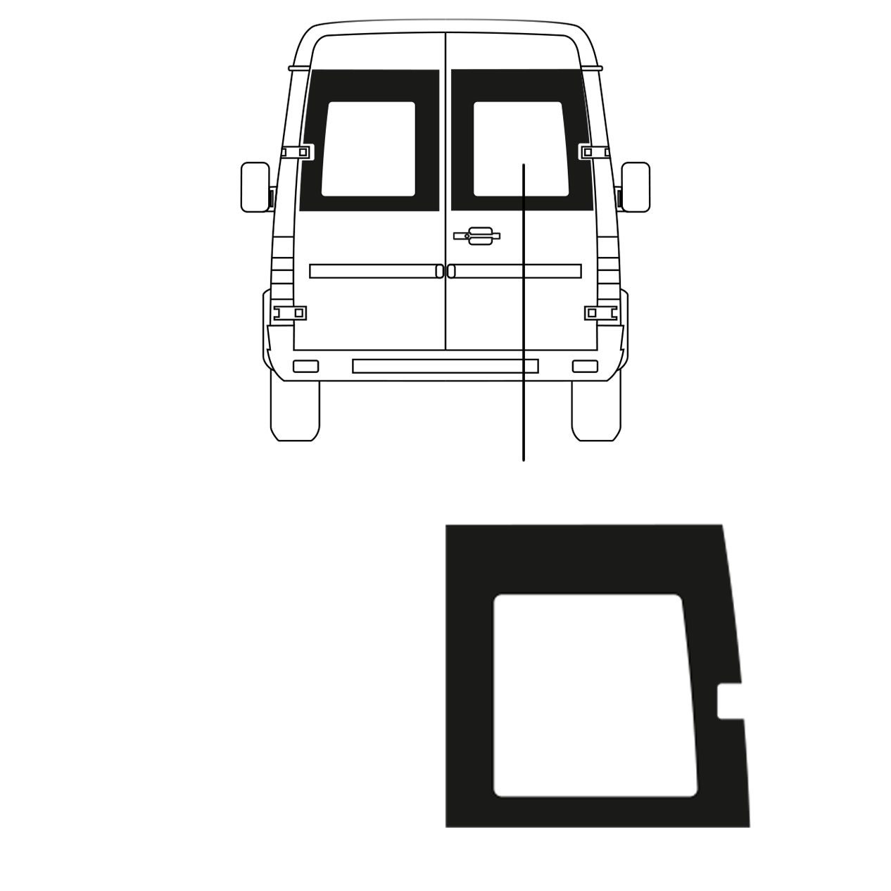 Achterruit - Mercedes Sprinter 312 - L3- 1995/2006 - rechter Achterdeur Achterruit - Mercedes Sprinter 312 - L3- 1995/2006 - rechter Achterdeur