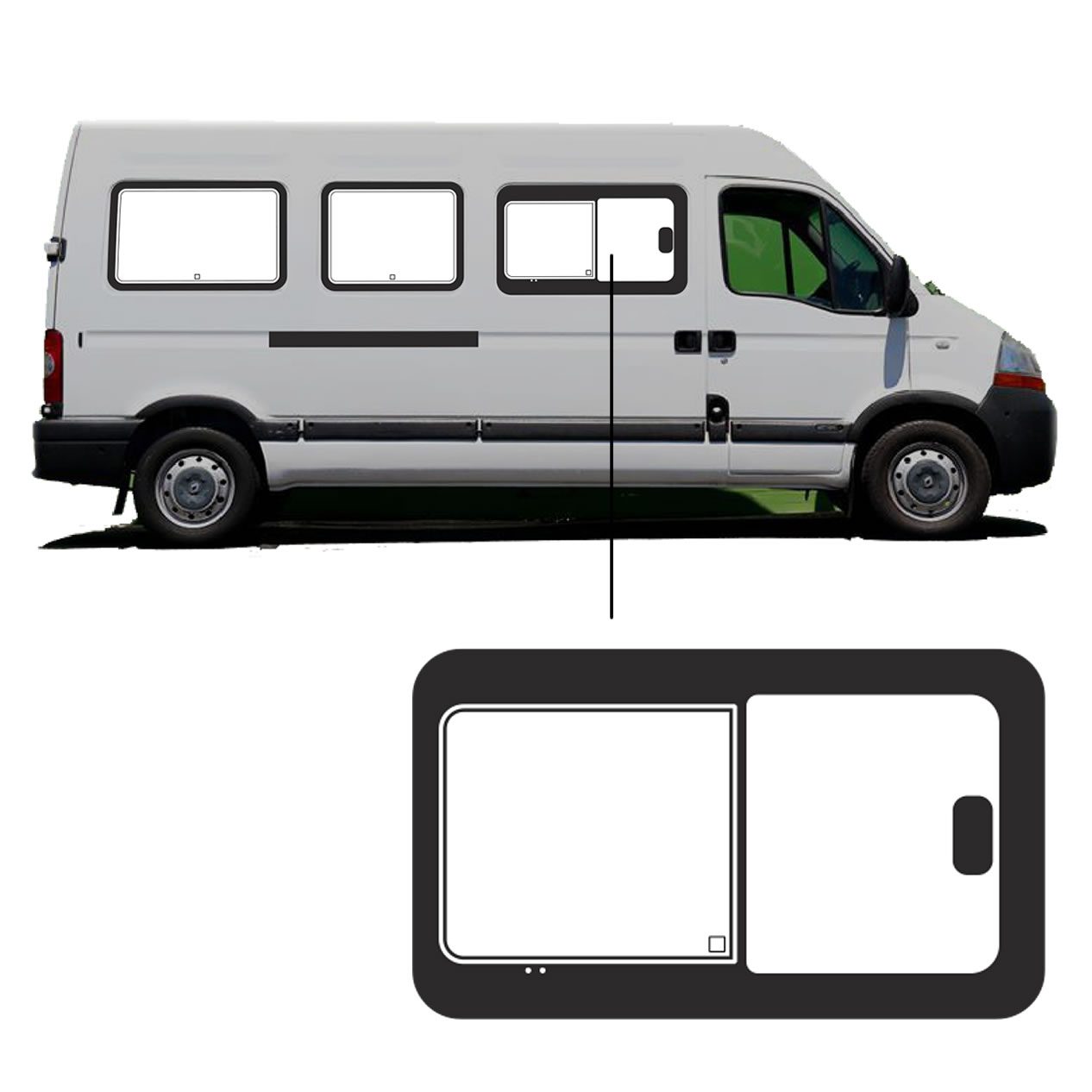 Schuifruit Opel Movano - 1997 / 2010 - L3 Rechts Voor Schuifruit Opel Movano - 1997 / 2010 - L3 Rechts Voor